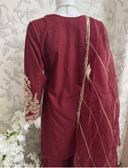 Maroon Embroidered Gharara Suit with organza Dupatta – Luxury Pakistani 3 Piece Set