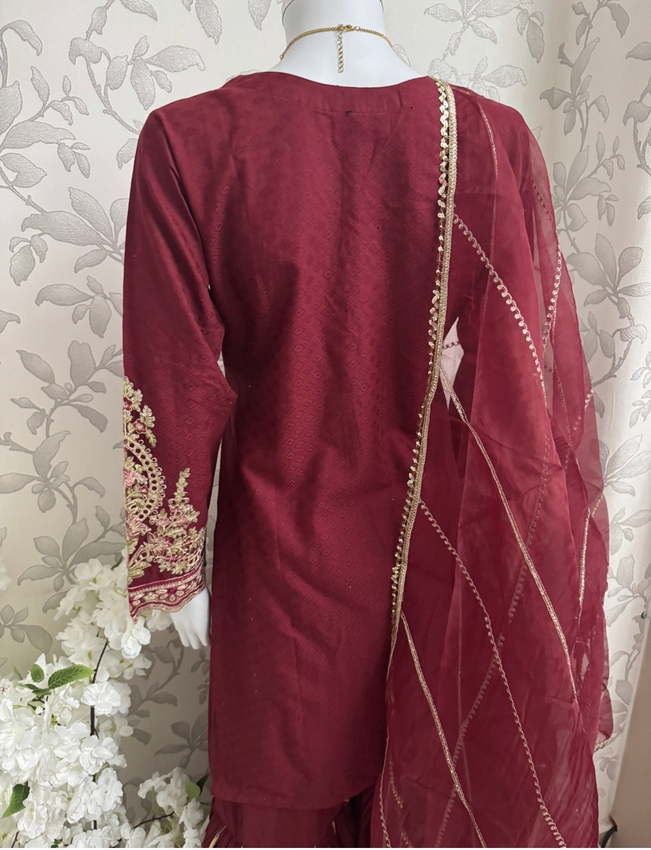 Maroon Embroidered Gharara Suit with organza Dupatta – Luxury Pakistani 3 Piece Set