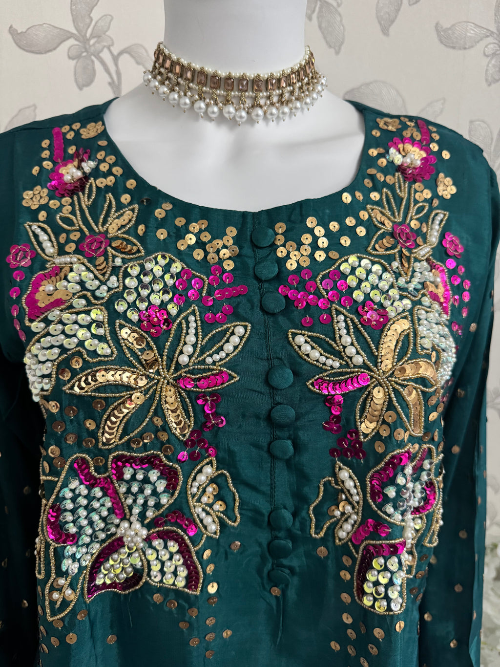 SILKY CHARM Luxury Embroidered Silk Suit with Pearl & Sequin Work