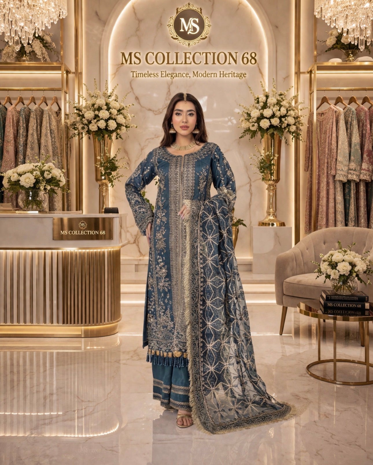 NUREH……heavy embroidered soft organza suit