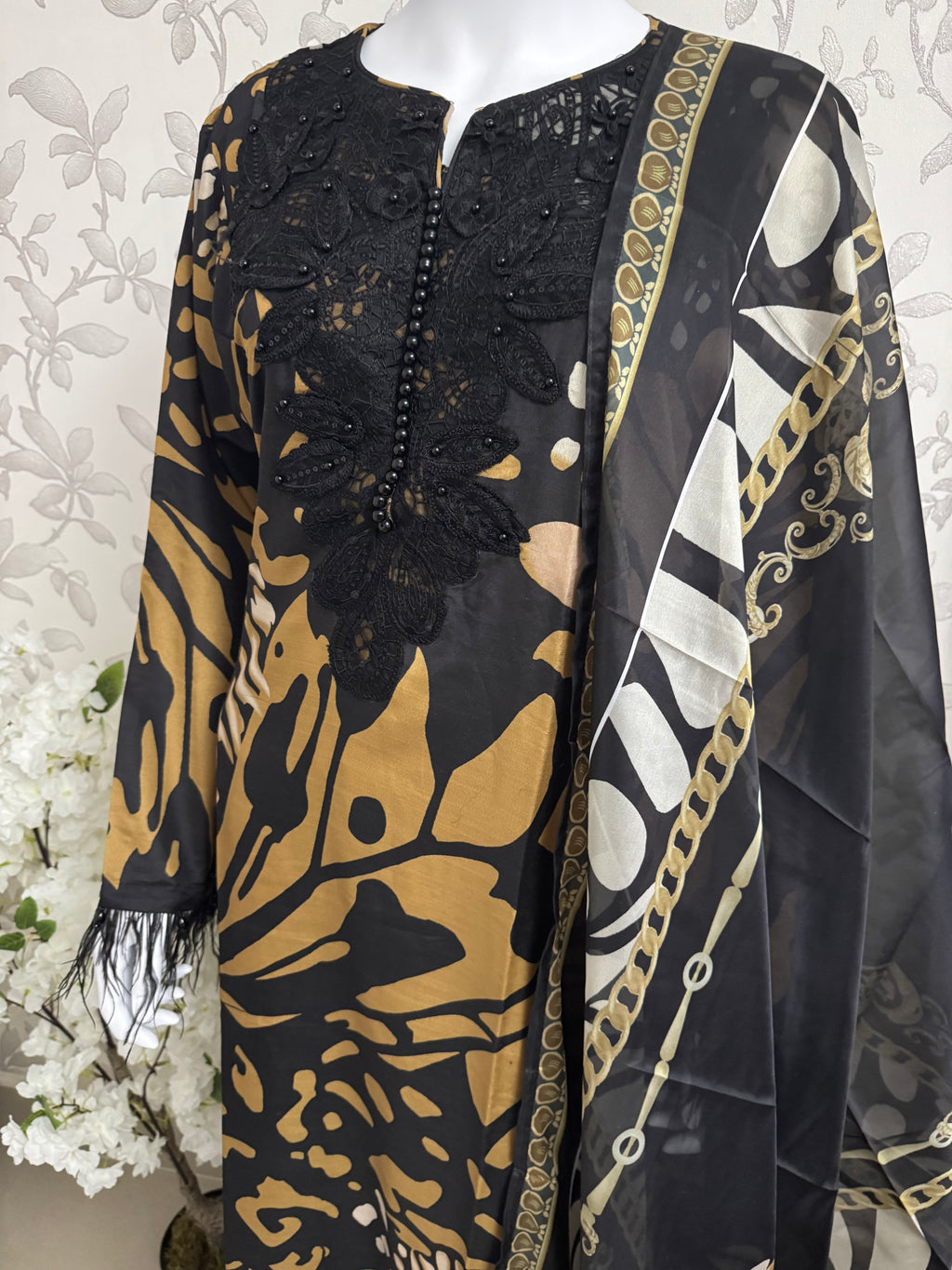 M Prints inspired Embroidered 3-Piece Suit | Pakistani Designer Dress