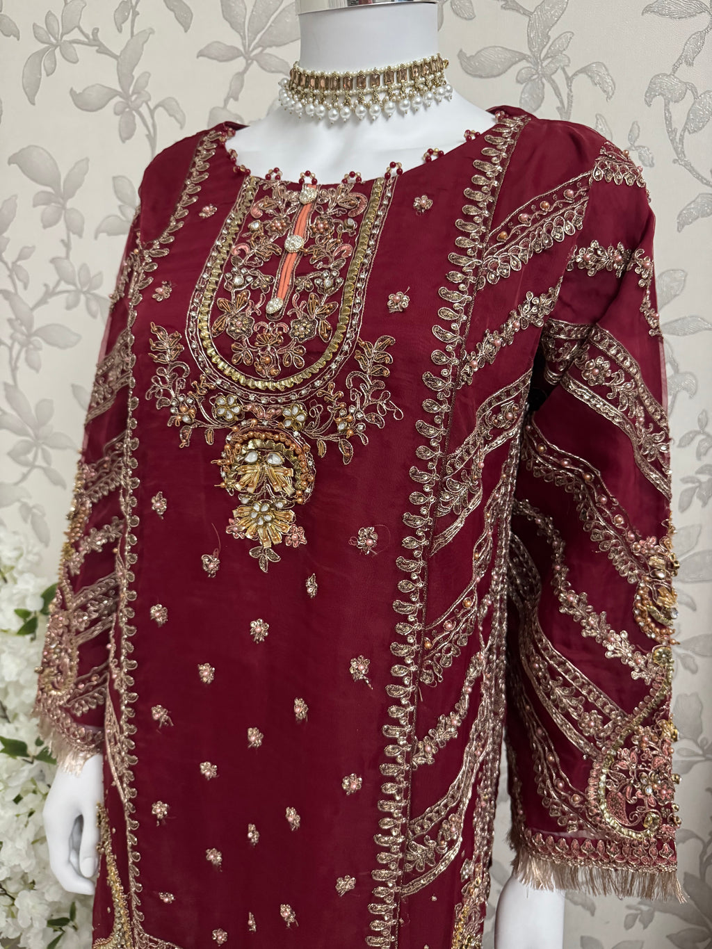 GULAAB…. Deep Maroon Embroidered Pakistani Sharara Suit with Rose Gold Dupatta