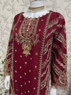 GULAAB…. Deep Maroon Embroidered Pakistani Sharara Suit with Rose Gold Dupatta