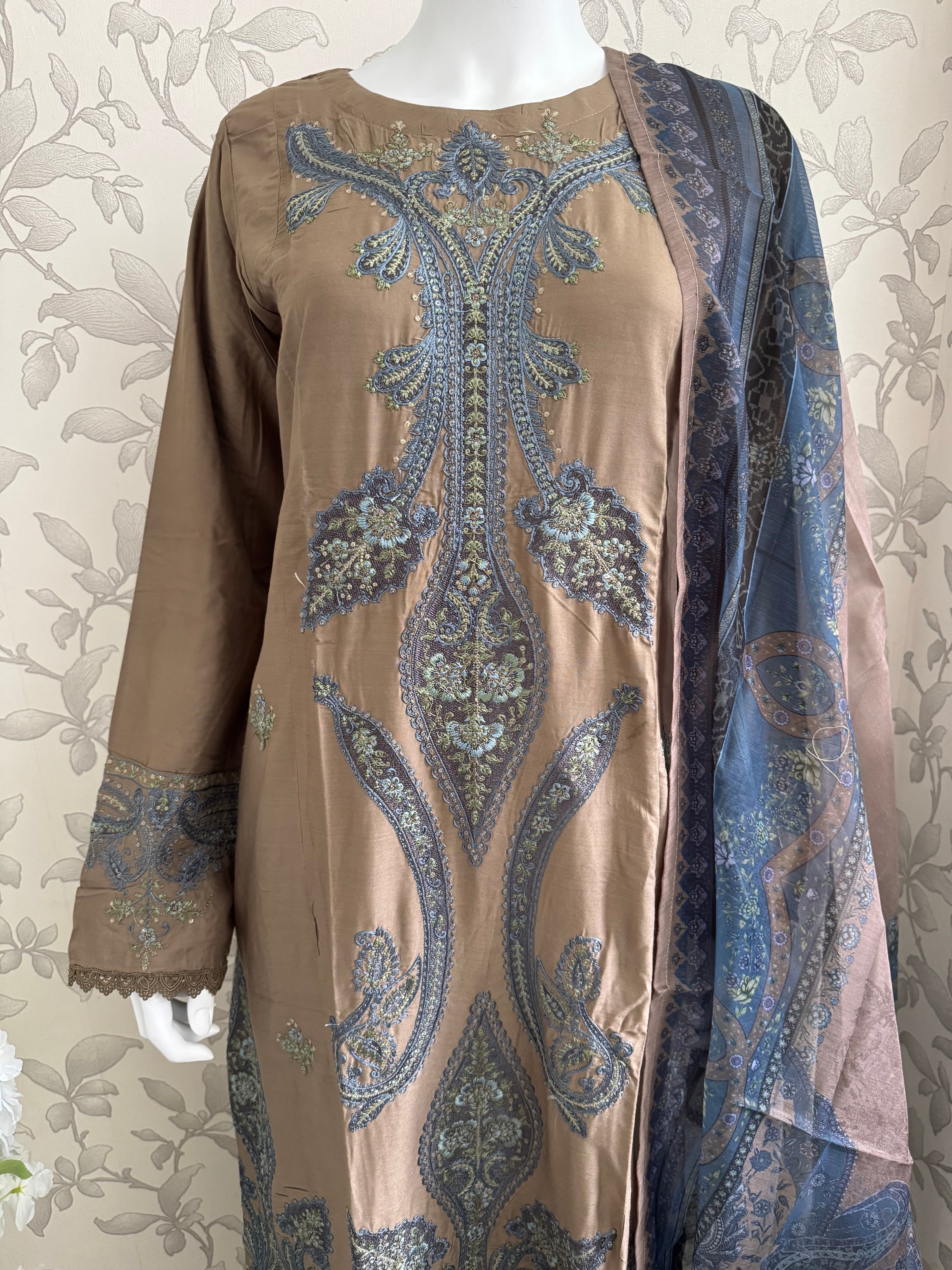 M Prints inspired Embroidered 3-Piece Suit | Pakistani Designer Dress