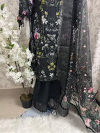 Black Floral Embroidered Lawn Suit – Luxury Pakistani 3 Piece Set with net Dupatta