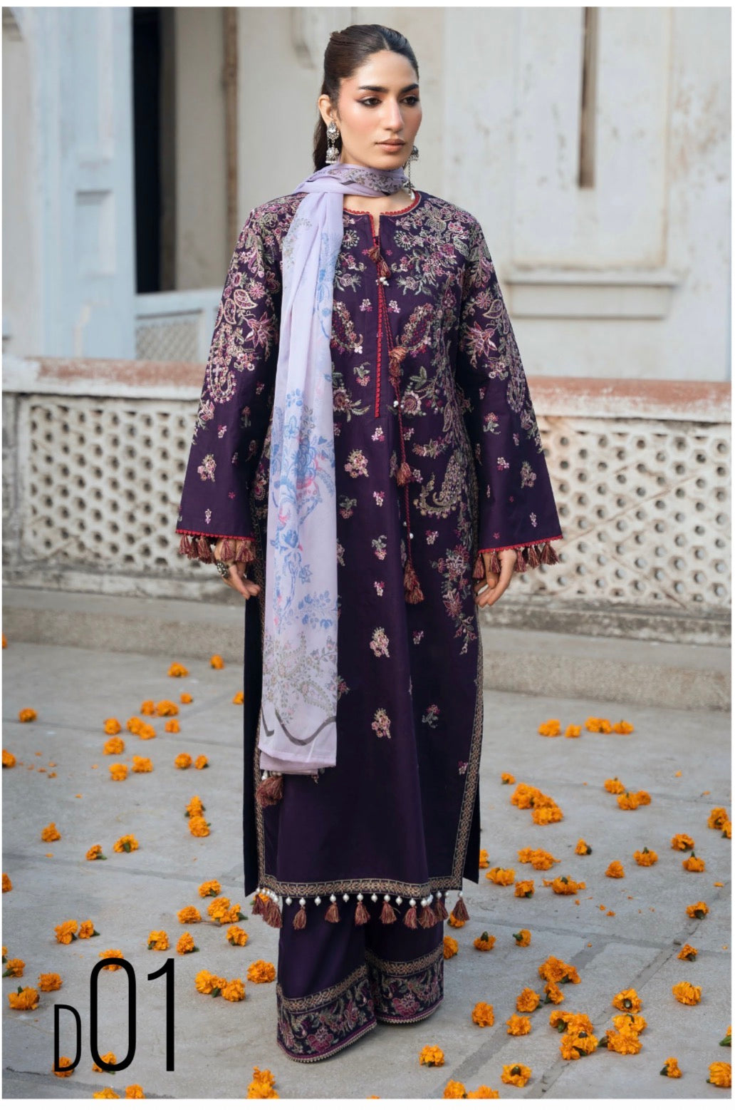 HUSN-E-EID Plum Purple Embroidered Luxury-3 Piece Suit