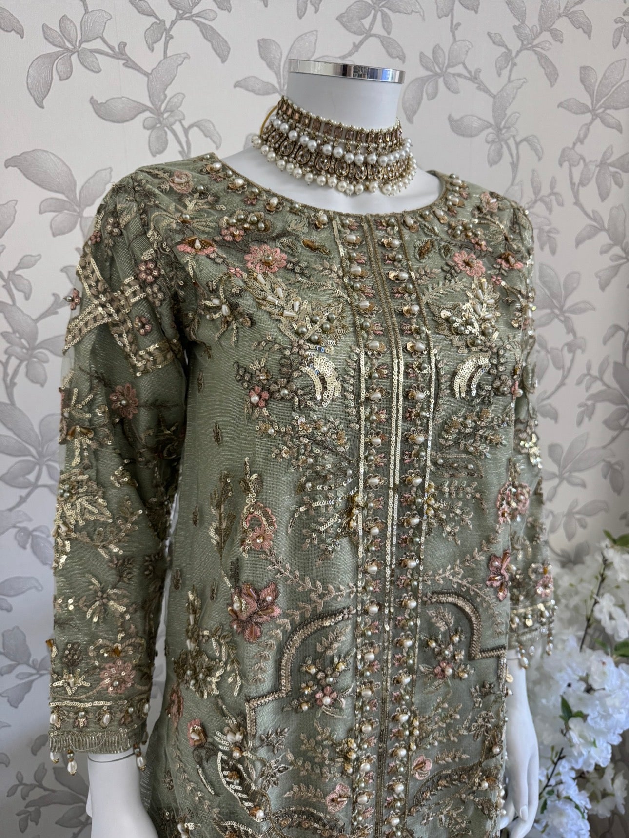 PEARLS Mint Green Luxe Hand-Embellished Pakistani 3 piece Suit