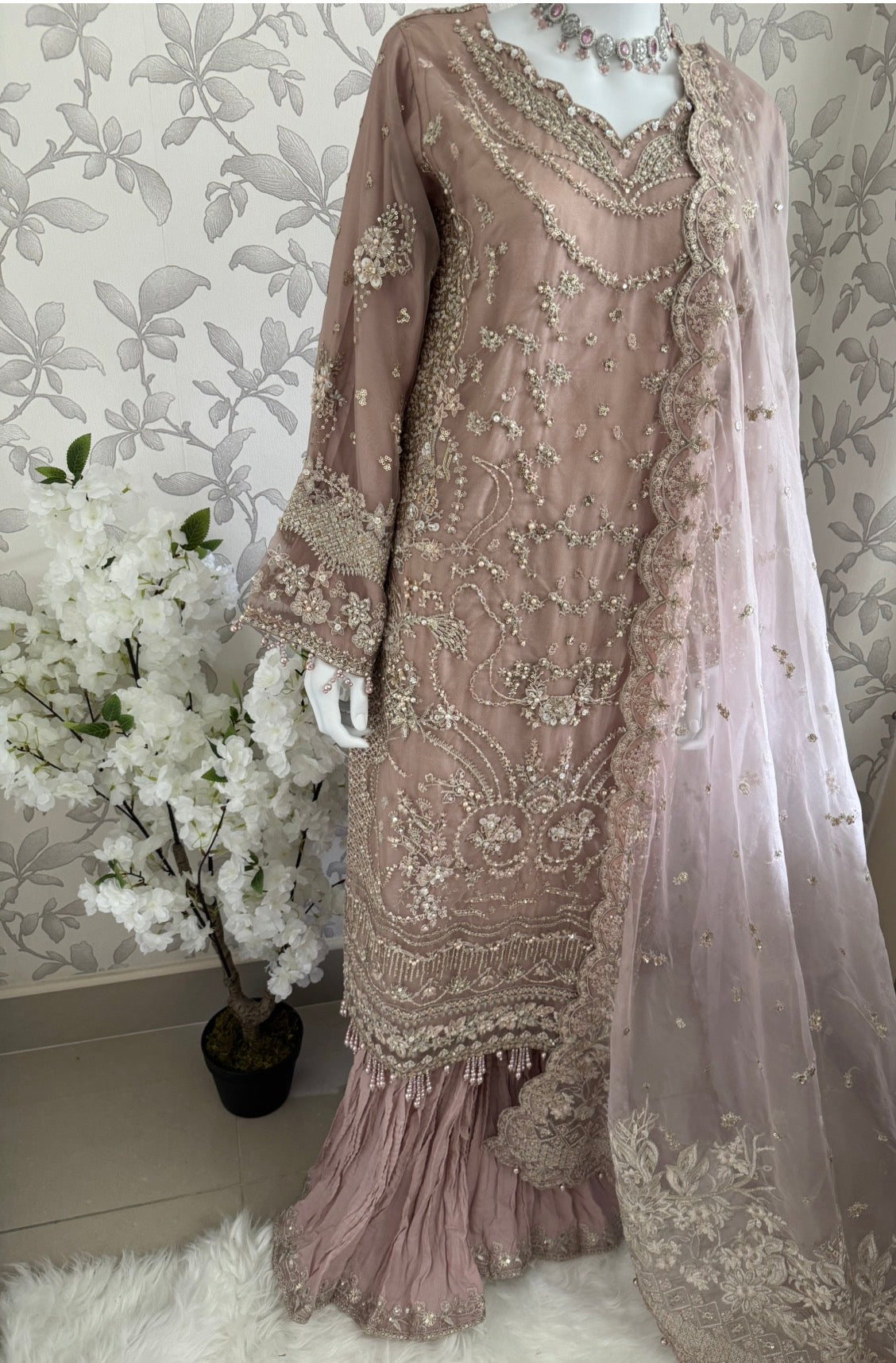 SERENE Blush Pink Embroidered Sharara Suit | Pakistani Designer Wedding Dress