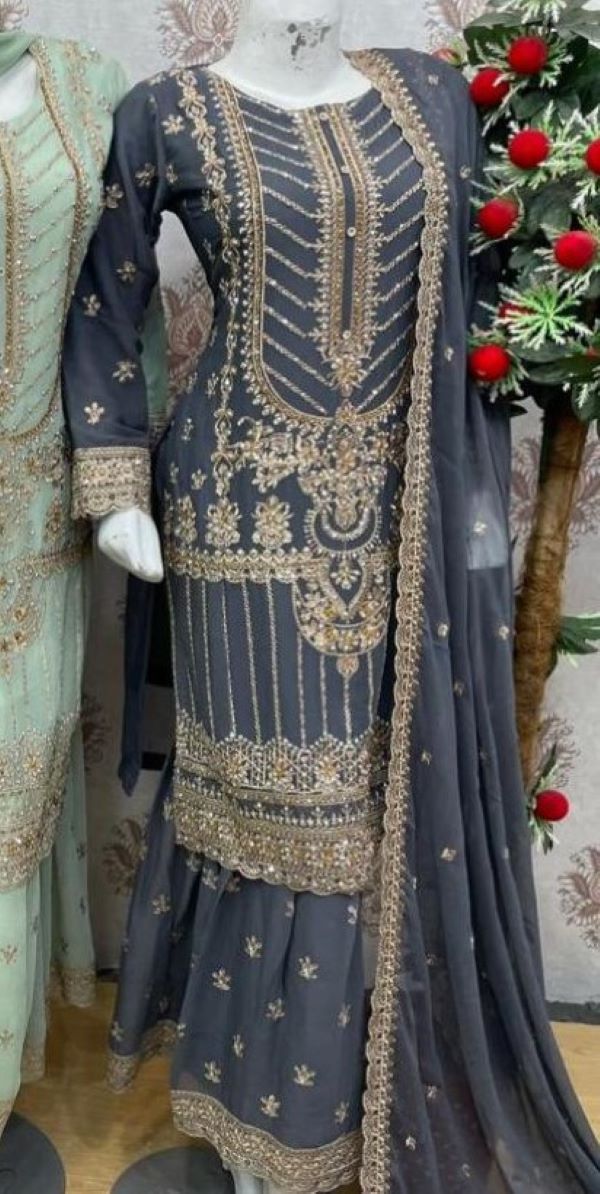 Premier 3-Piece Embroidered Chiffon Gharara Suit| Elegant Wedding & Party Wear Fabric Matching Outfit Shirt-