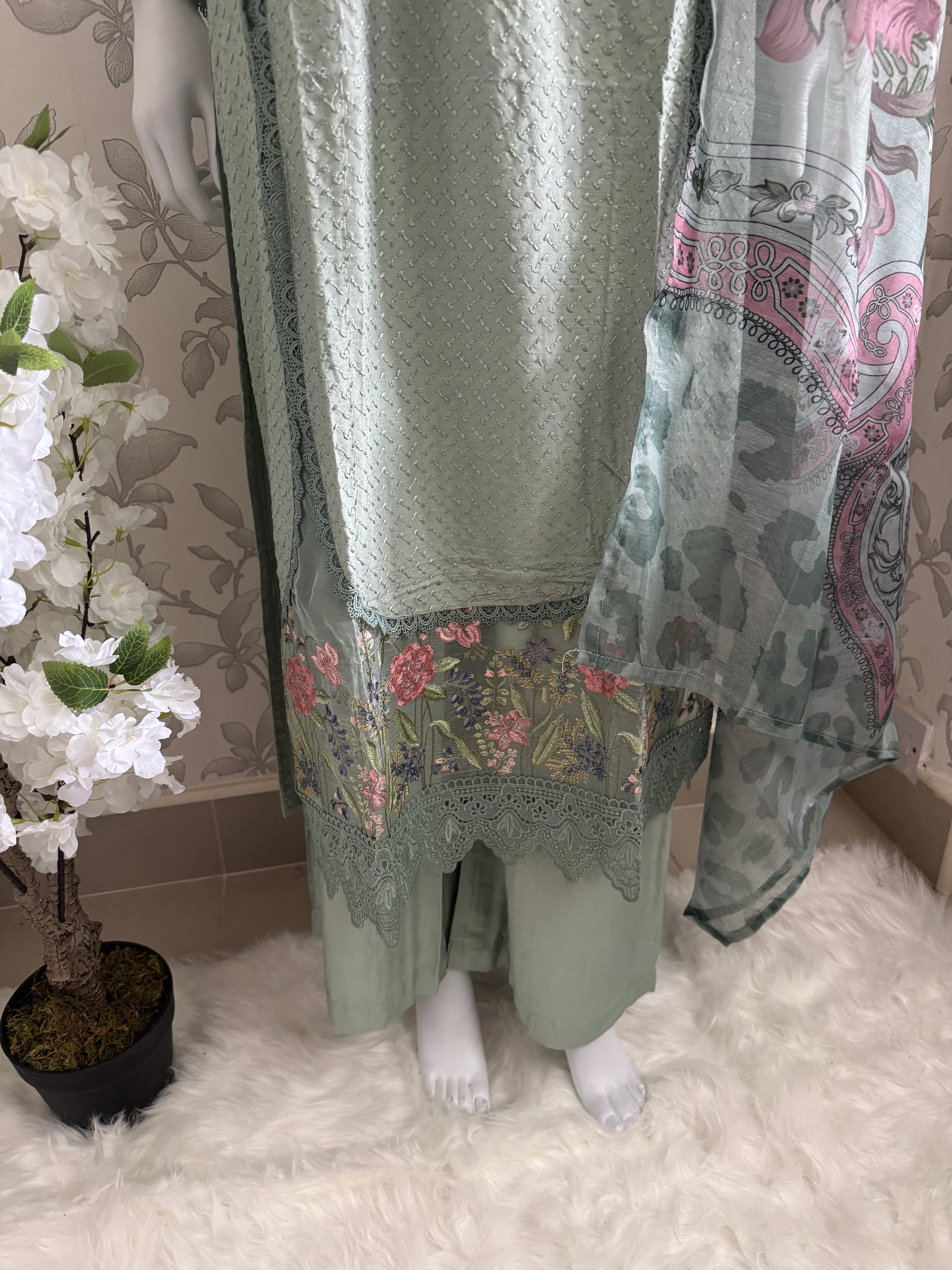 M Prints inspired Embroidered 3-Piece Suit | Pakistani Designer Dress