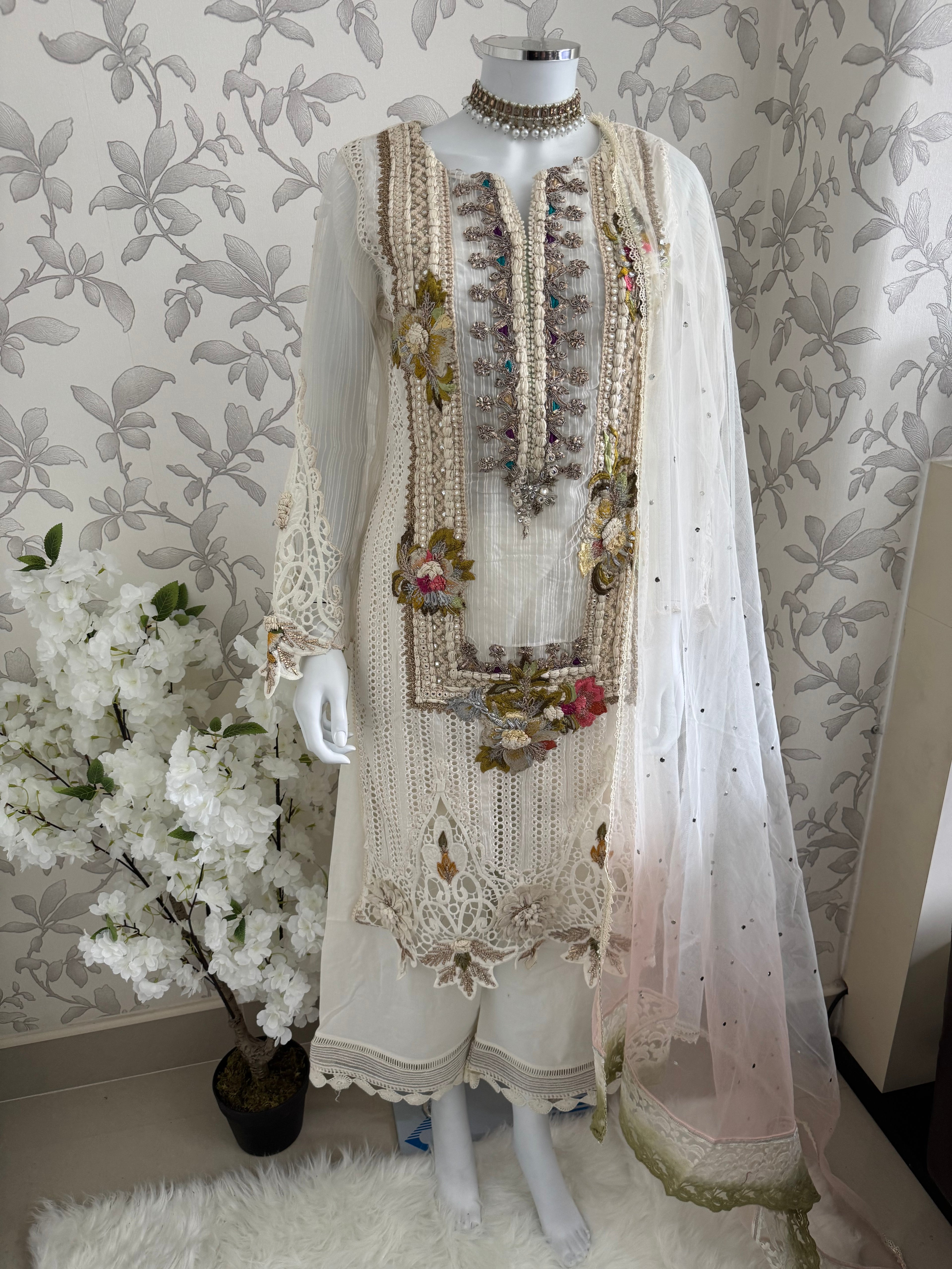 UJAALA….. Elegant White Embroidered Pakistani Suit with net Dupatta