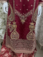 GULAAB…. Deep Maroon Embroidered Pakistani Sharara Suit with Rose Gold Dupatta