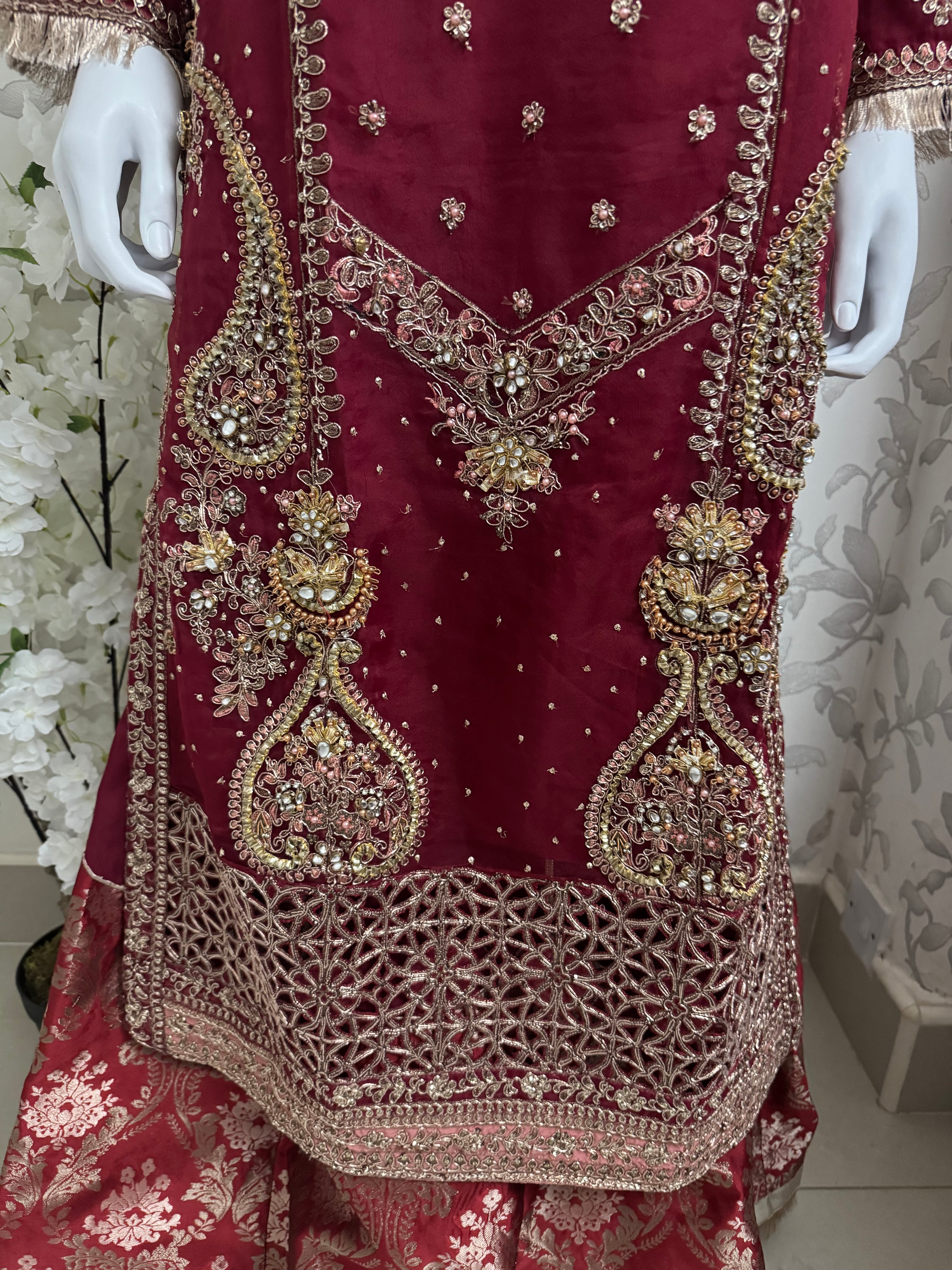 GULAAB…. Deep Maroon Embroidered Pakistani Sharara Suit with Rose Gold Dupatta