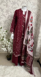 HUSN-E-EID Maroon Embroidered Pakistani 3 piece suit