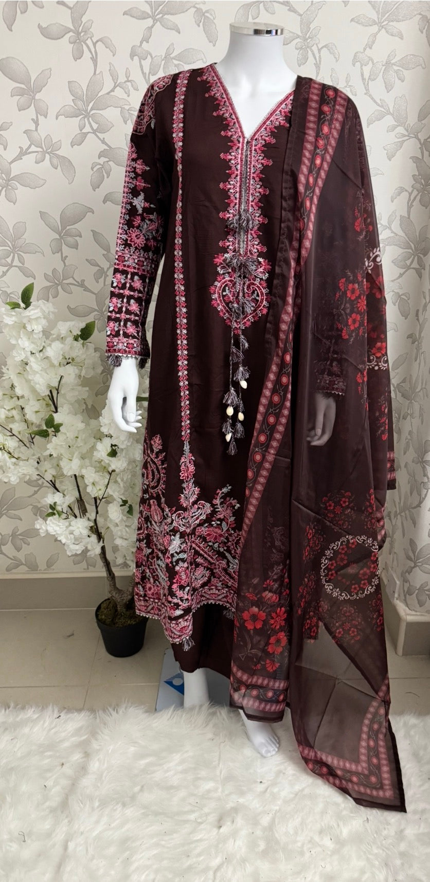 HUSN-E-EID Elegance Brown Embroidered Pakistani Suit with Printed Dupatta