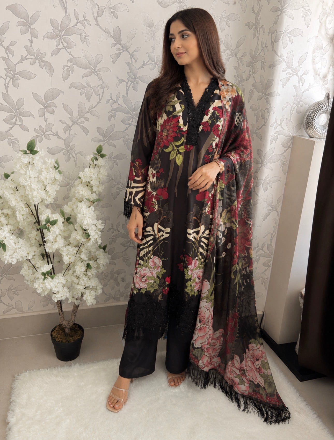 M Prints inspired Embroidered 3-Piece Suit | Pakistani Designer Dress