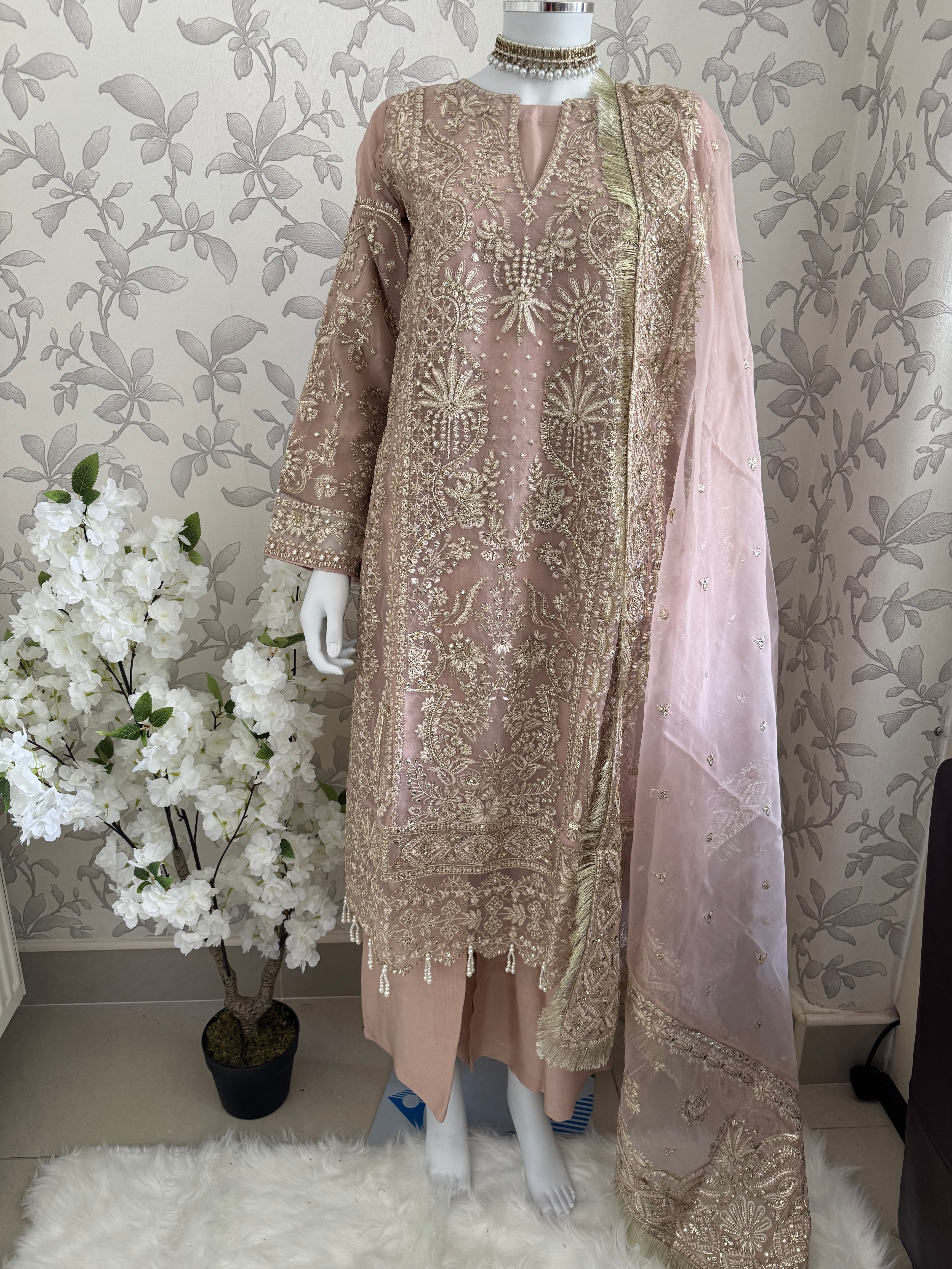AFROZ Blush Pink Embroidered Organza Suit | Pakistani Wedding & Formal Dress