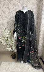 Black Floral Embroidered Lawn Suit – Luxury Pakistani 3 Piece Set with net Dupatta