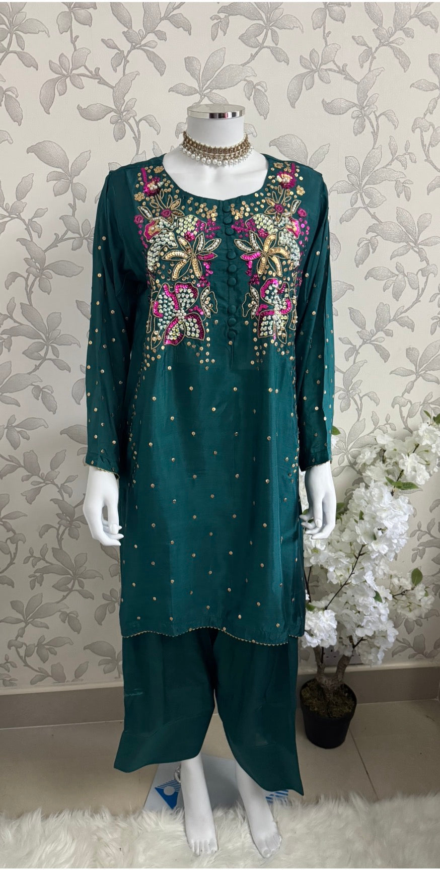 SILKY CHARM Luxury Embroidered Silk Suit with Pearl & Sequin Work