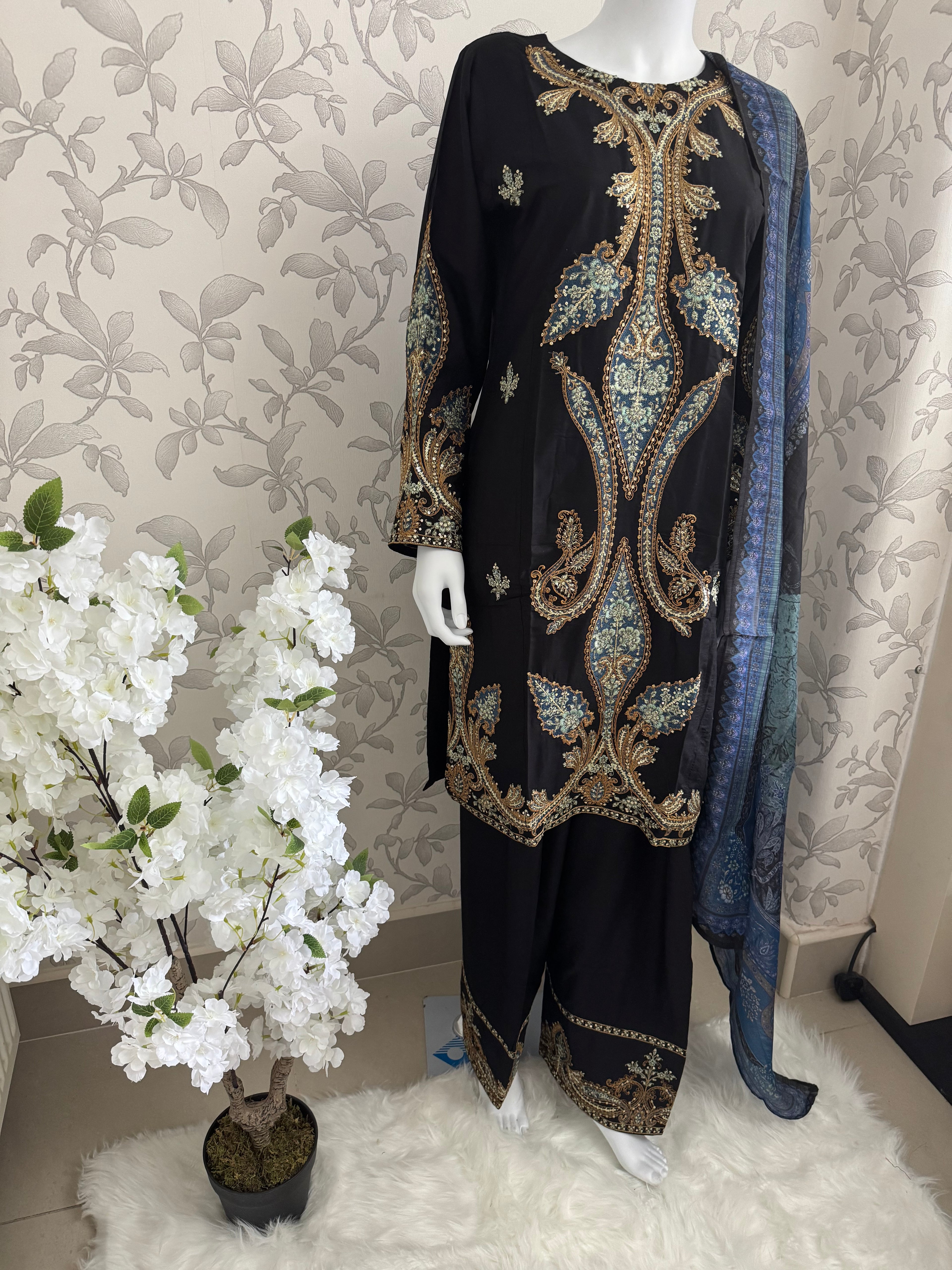 M Prints inspired Embroidered 3-Piece Suit | Pakistani Designer Dress