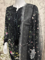 Black Floral Embroidered Lawn Suit – Luxury Pakistani 3 Piece Set with net Dupatta