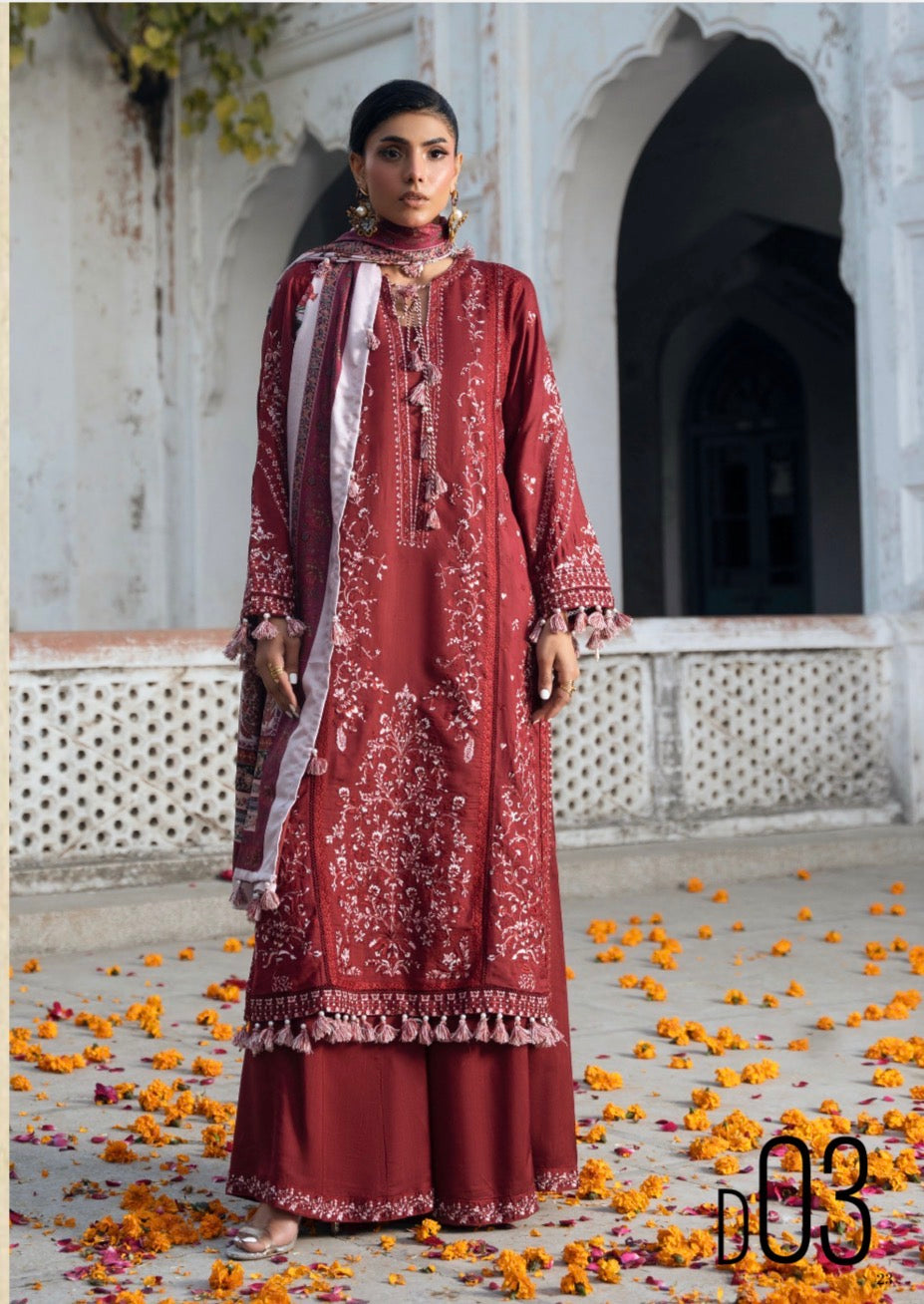 HUSN-E-EID Maroon Embroidered Pakistani 3 piece suit