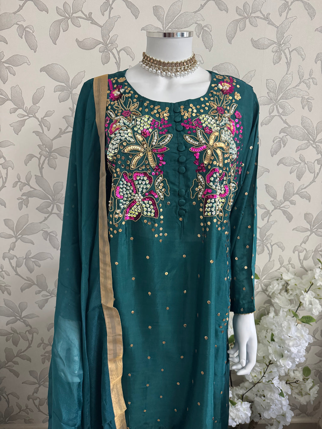 SILKY CHARM Luxury Embroidered Silk Suit with Pearl & Sequin Work