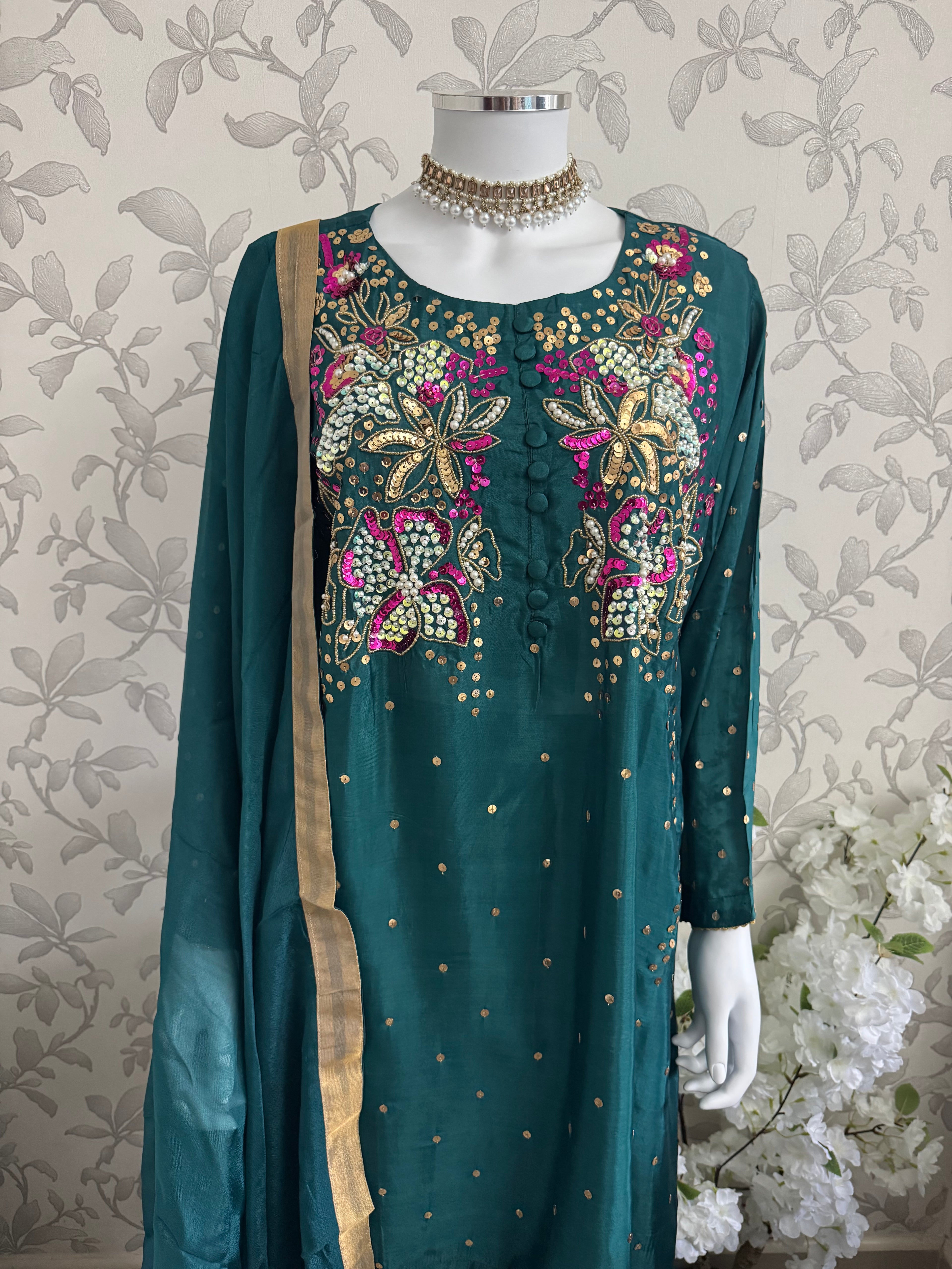 SILKY CHARM Luxury Embroidered Silk Suit with Pearl & Sequin Work