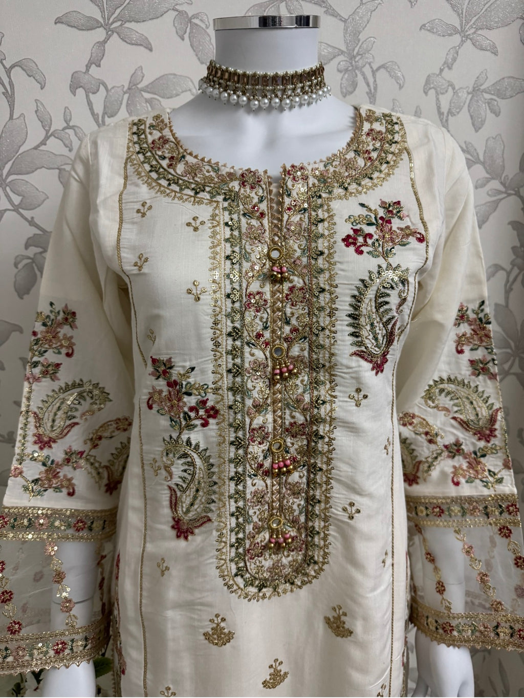 Ivory Cream Embroidered Pakistani 3 Piece Suit – Luxury Eid Festive Wear