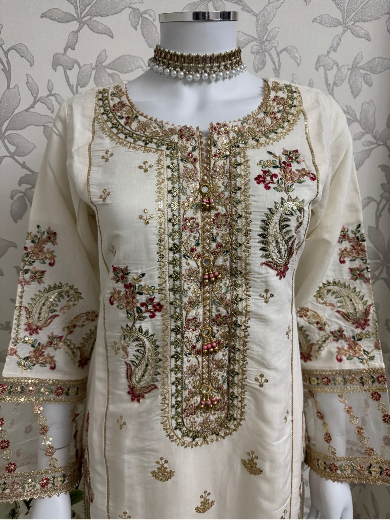 Ivory Cream Embroidered Pakistani 3 Piece Suit – Luxury Eid Festive Wear