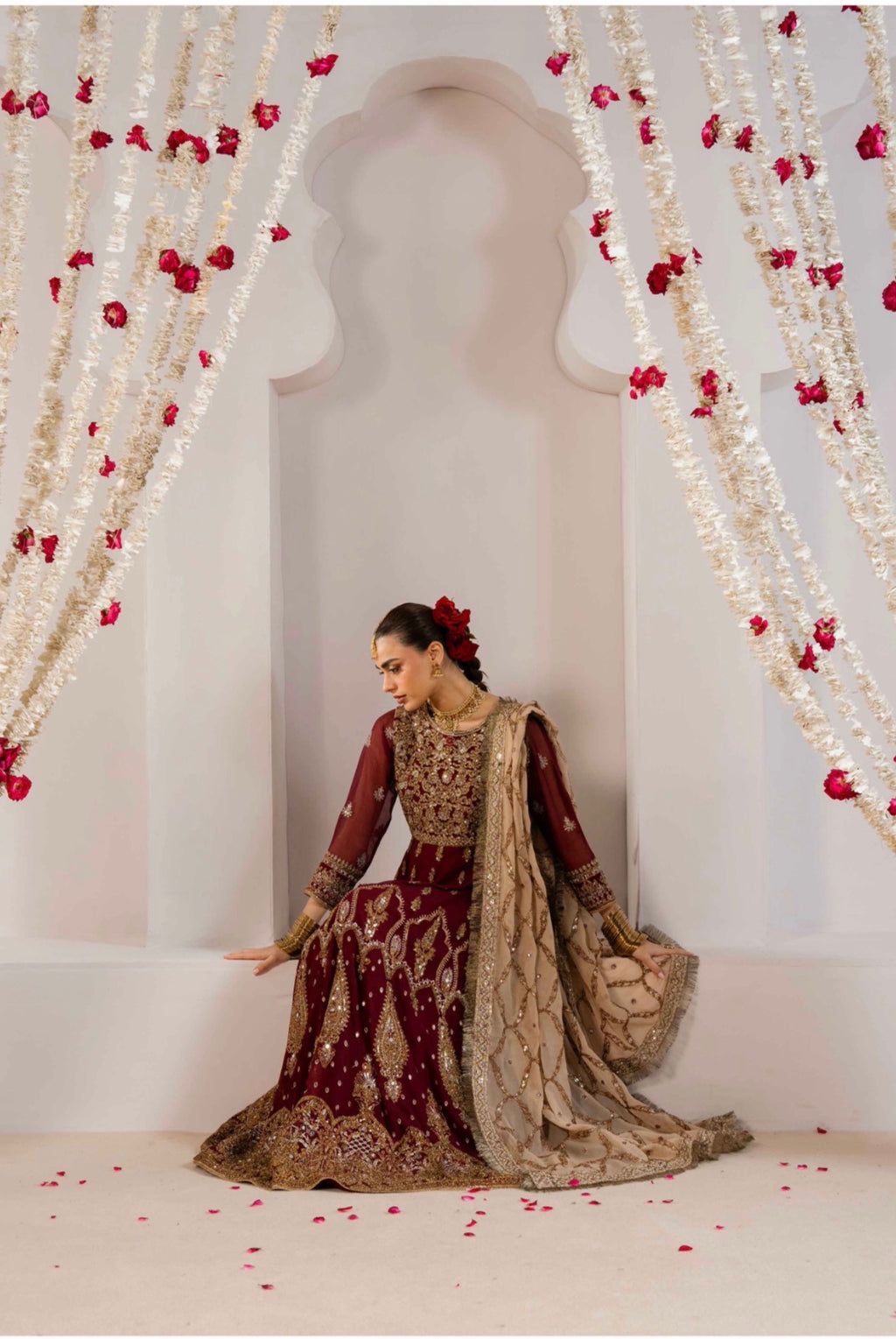 ALANI Royal Maroon Maxi Dress | Heavy Gold Embroidered Pakistani Formal Wear