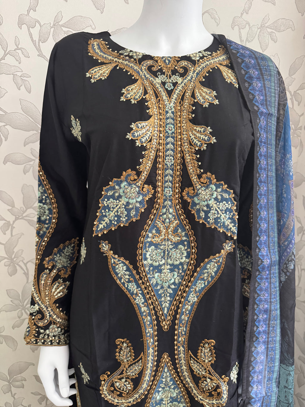 M Prints inspired Embroidered 3-Piece Suit | Pakistani Designer Dress