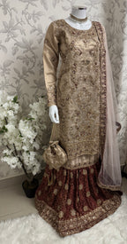 AMAIRA…. Champagne Gold & Maroon Embroidered Pakistani Gharara Suit with Net Dupatta
