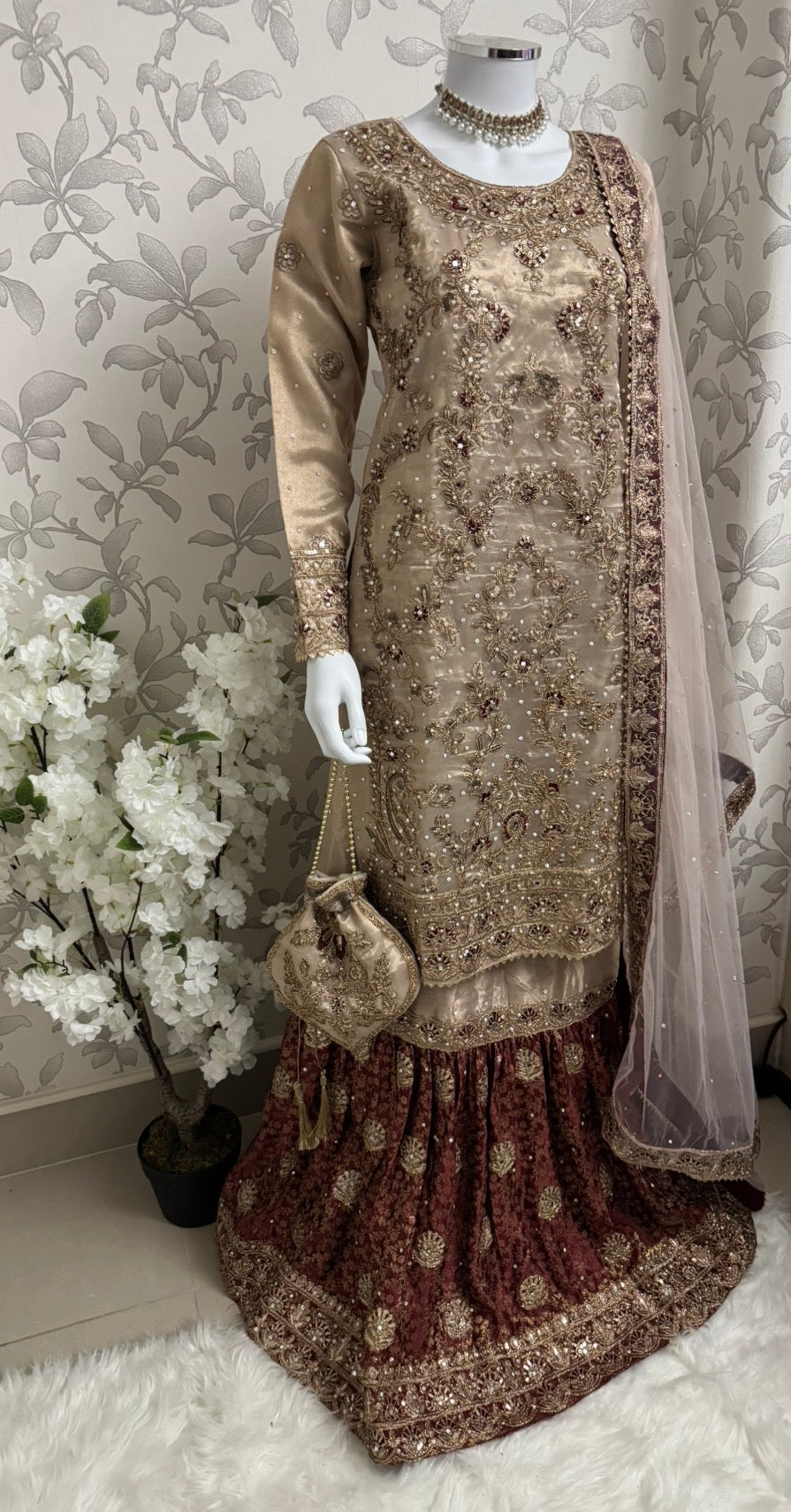 AMAIRA…. Champagne Gold & Maroon Embroidered Pakistani Gharara Suit with Net Dupatta
