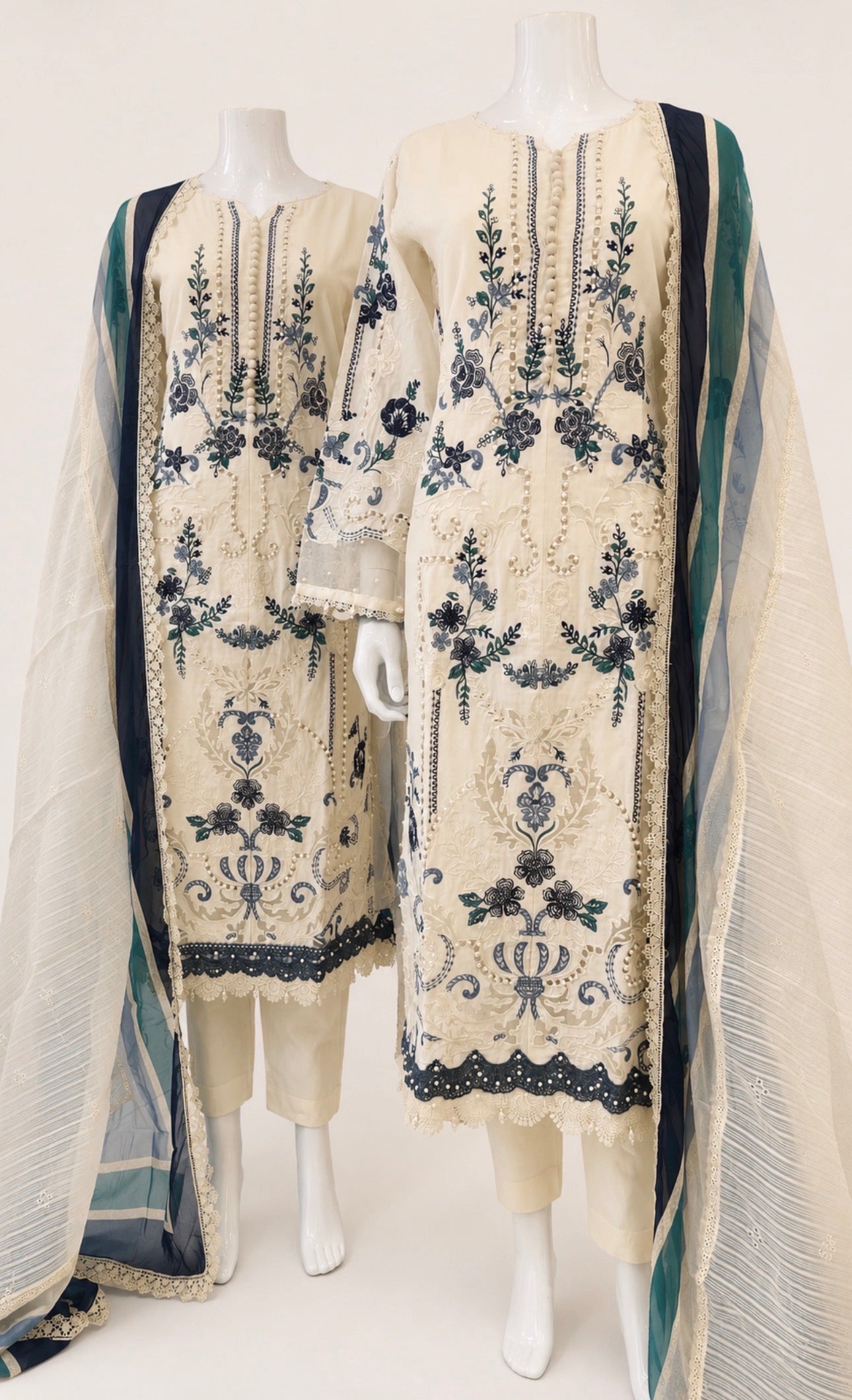 Azure Bloom Luxury Embroidered Suit – 3 Piece Collection