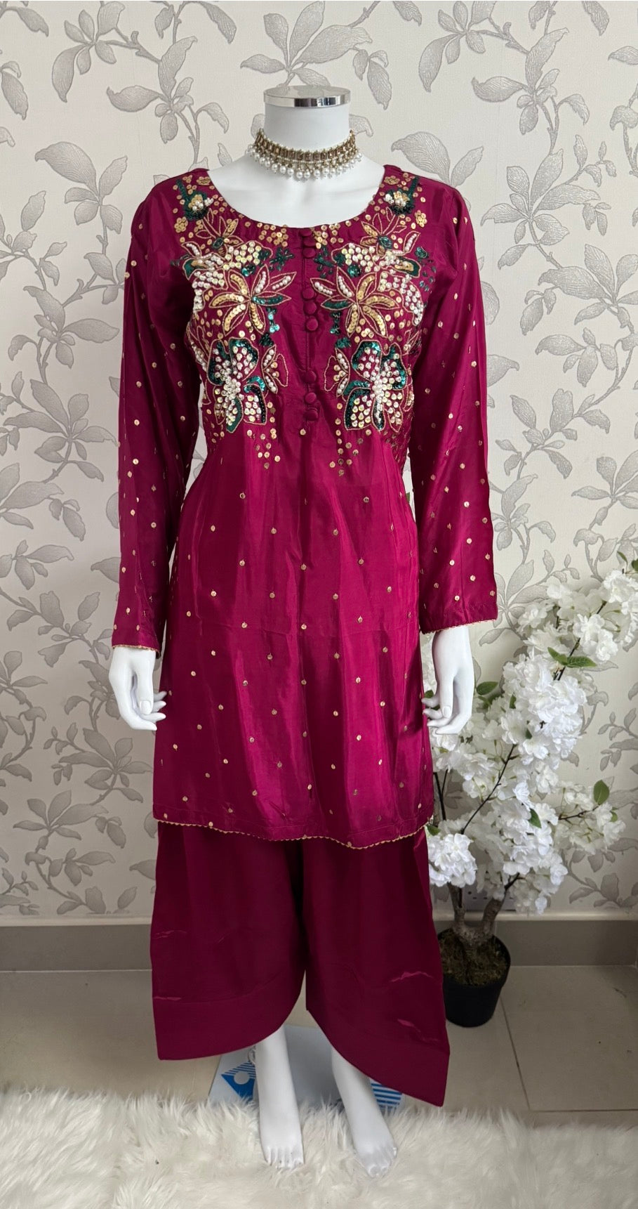 SILKY CHARM Luxury Embroidered Silk Suit with Pearl & Sequin Work