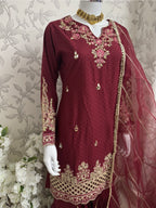 Maroon Embroidered Gharara Suit with organza Dupatta – Luxury Pakistani 3 Piece Set