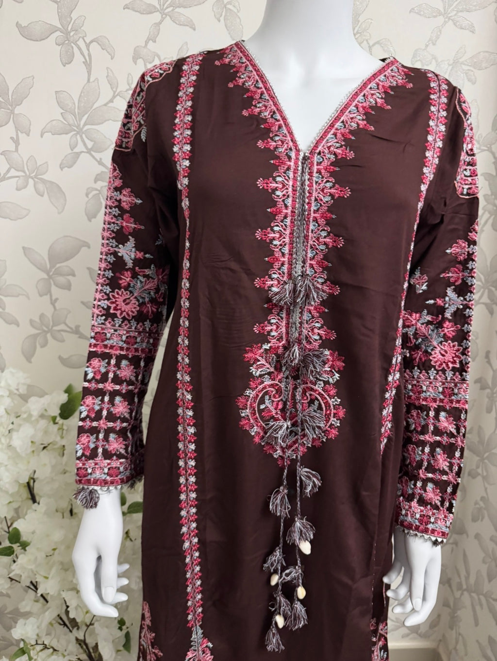 HUSN-E-EID Elegance Brown Embroidered Pakistani Suit with Printed Dupatta