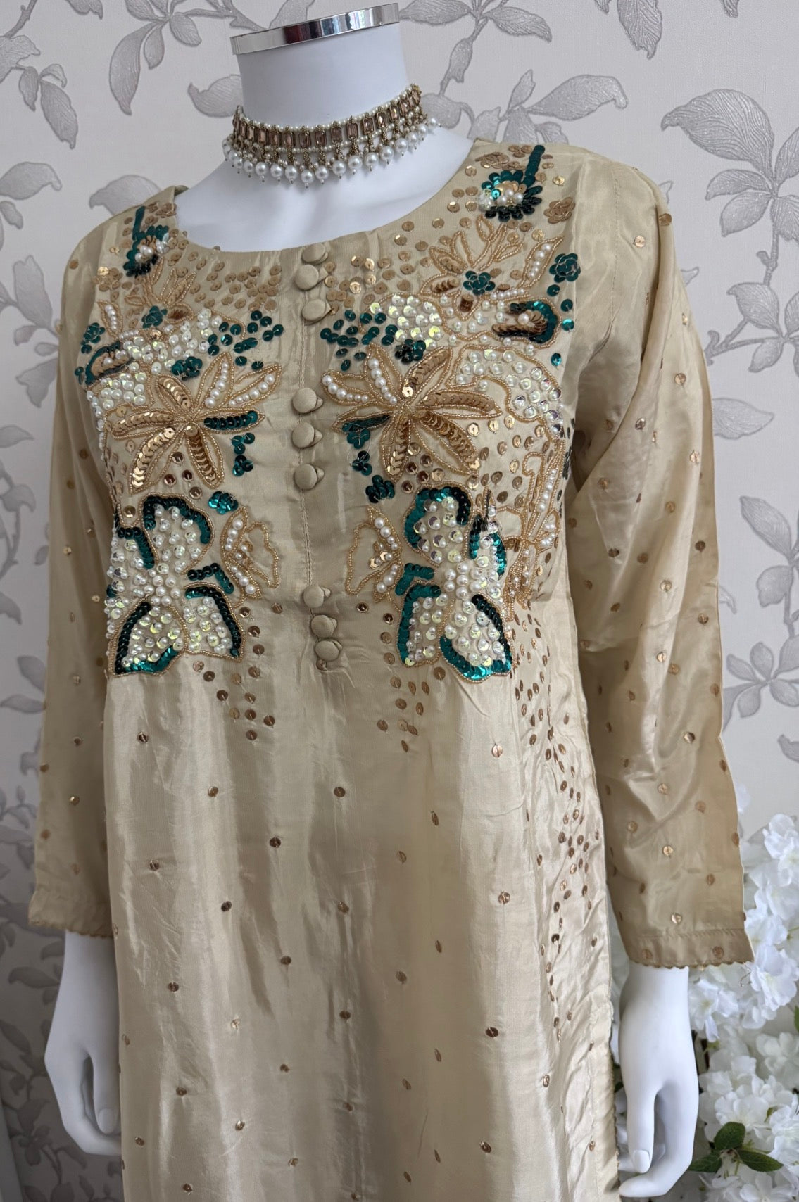 SILKY CHARM Luxury Embroidered Silk Suit with Pearl & Sequin Work