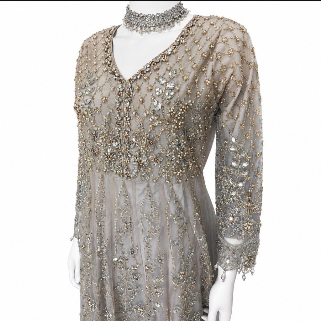 MASHAL…. Embroidered Net Maxi Dress with embroidered organza Dupatta