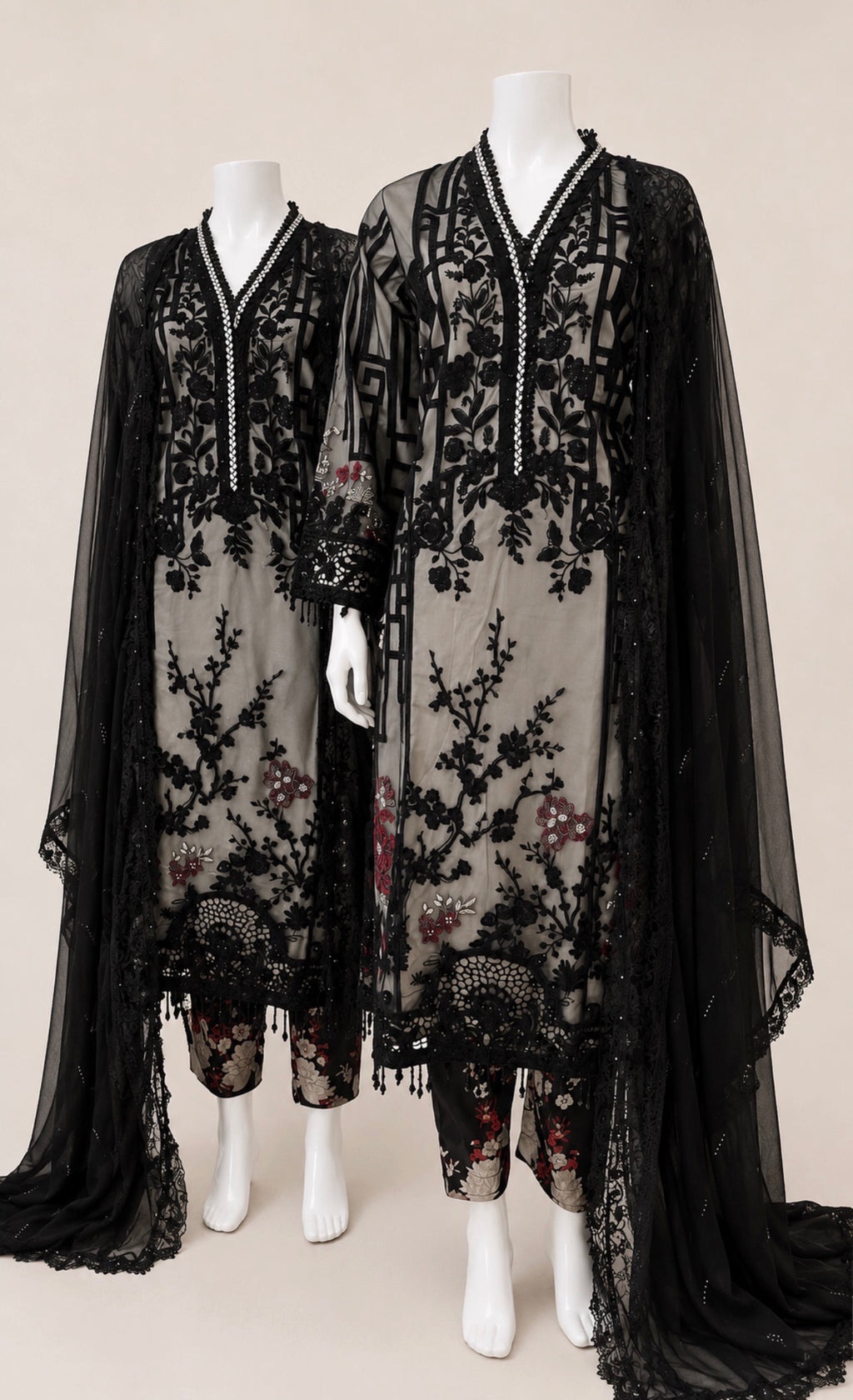Noir Blossom Luxury Embroidered Chiffon Suit – 3 Piece Collection