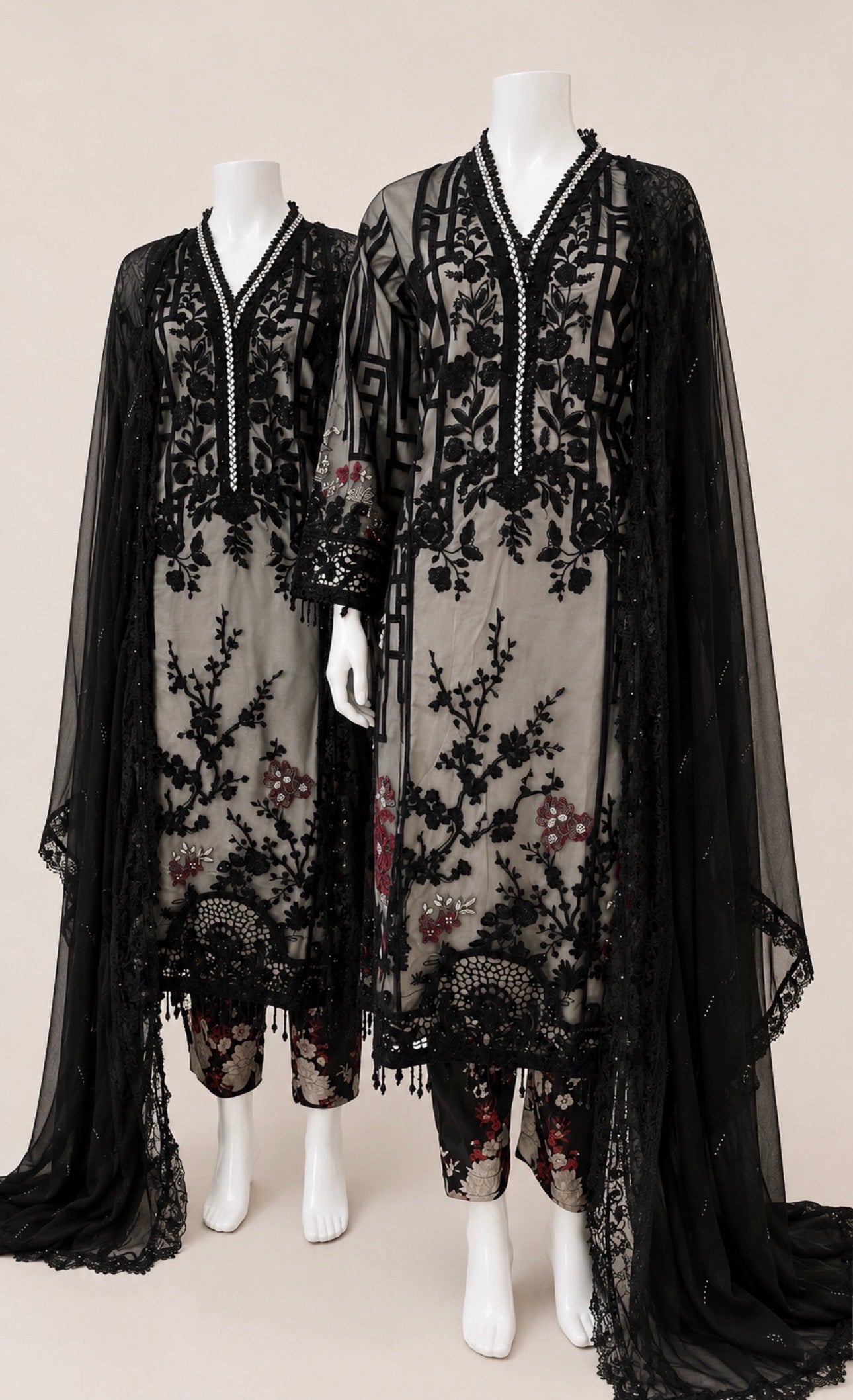 Noir Blossom Luxury Embroidered Chiffon Suit – 3 Piece Collection