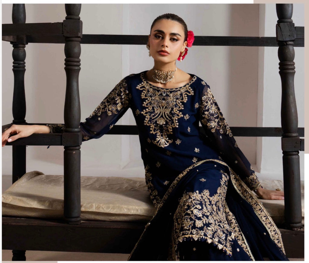 ALANI Navy Blue Luxury Embroidered Gharara Suit | Pakistani Wedding & Party Wear