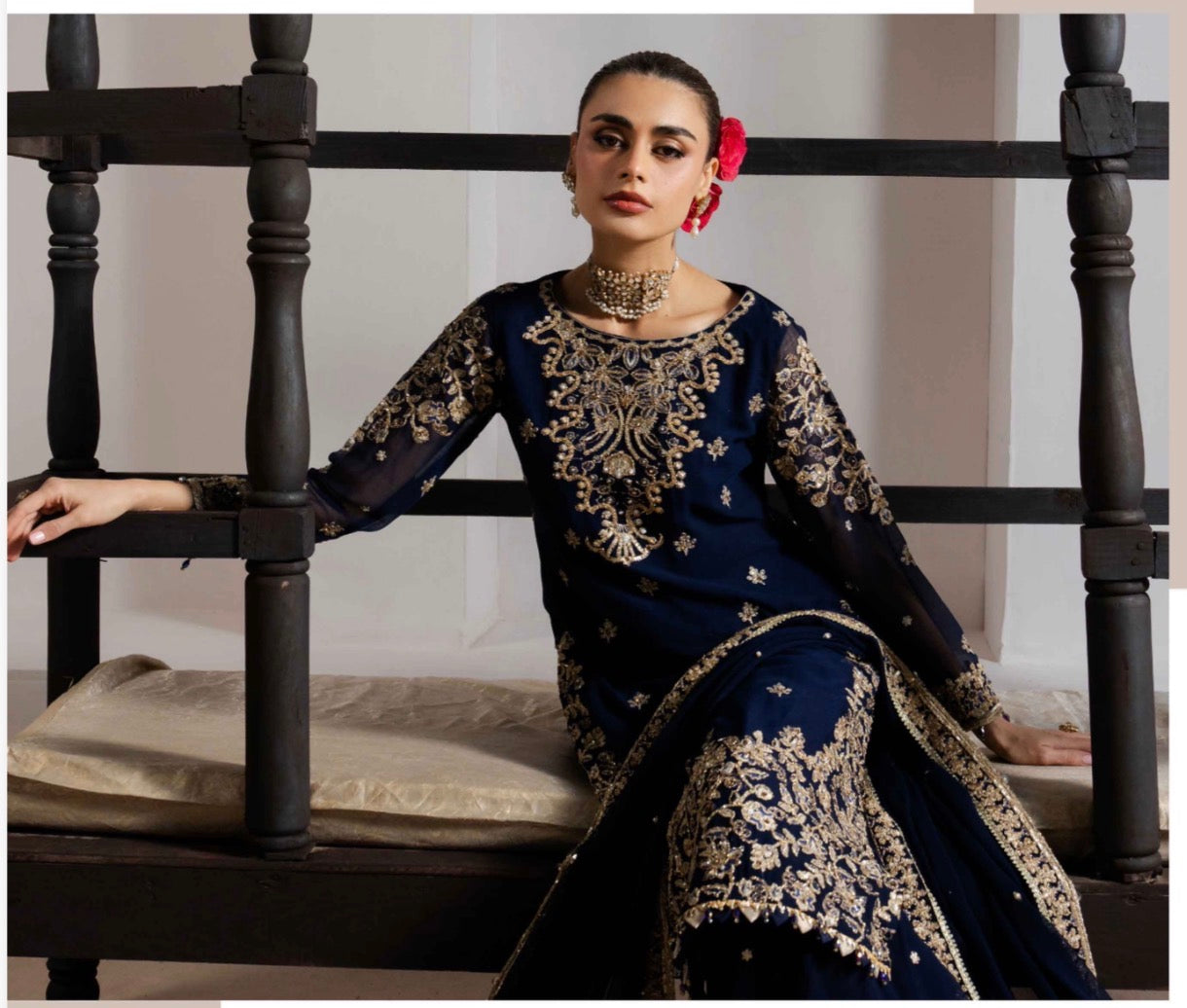 ALANI Navy Blue Luxury Embroidered Gharara Suit | Pakistani Wedding & Party Wear