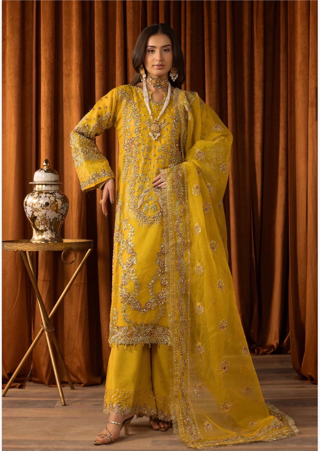SANGEET Embroidered 3 piece Wedding Suit | Pakistani Mehndi, Mayon & Wedding Wear