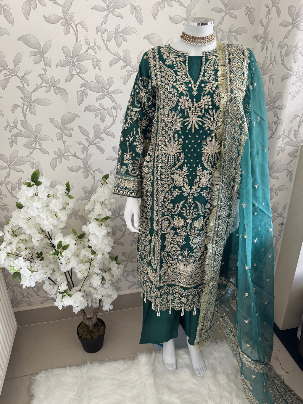 AFROZ Emerald Embroidered Organza Suit | Pakistani Wedding & Formal Dress