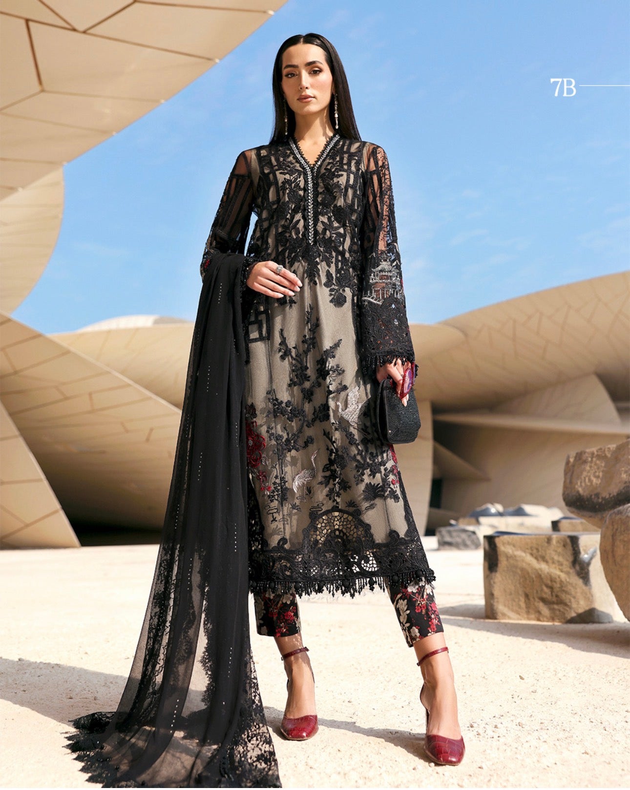 Noir Blossom Luxury Embroidered Chiffon Suit – 3 Piece Collection
