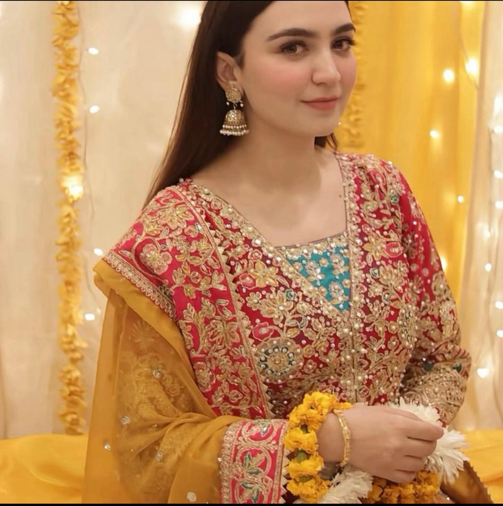 HASEENA heavy Embroidered Chiffon Maxi dress| Pakistani Mehndi, Mayon & Wedding Wear