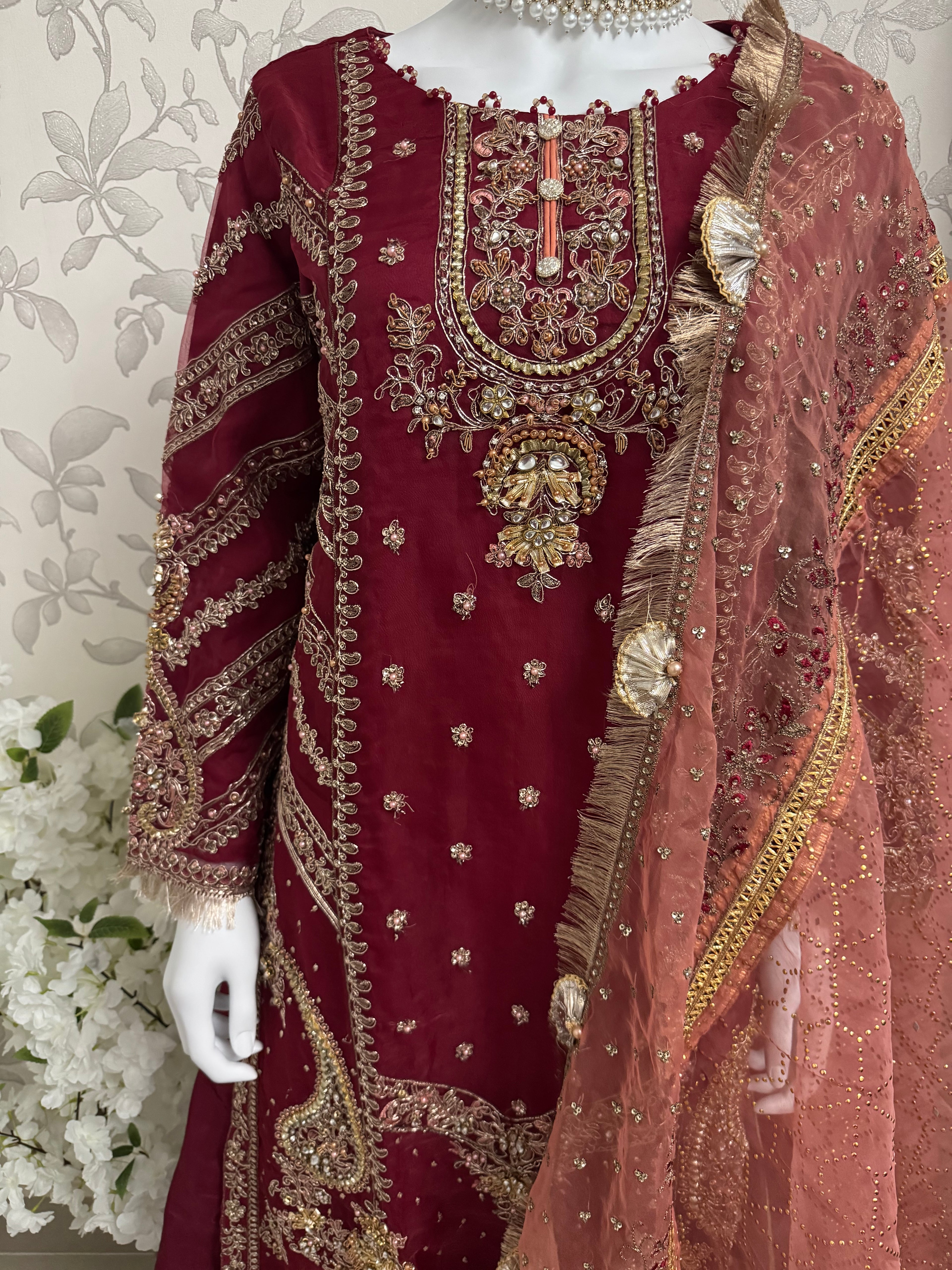 GULAAB…. Deep Maroon Embroidered Pakistani Sharara Suit with Rose Gold Dupatta