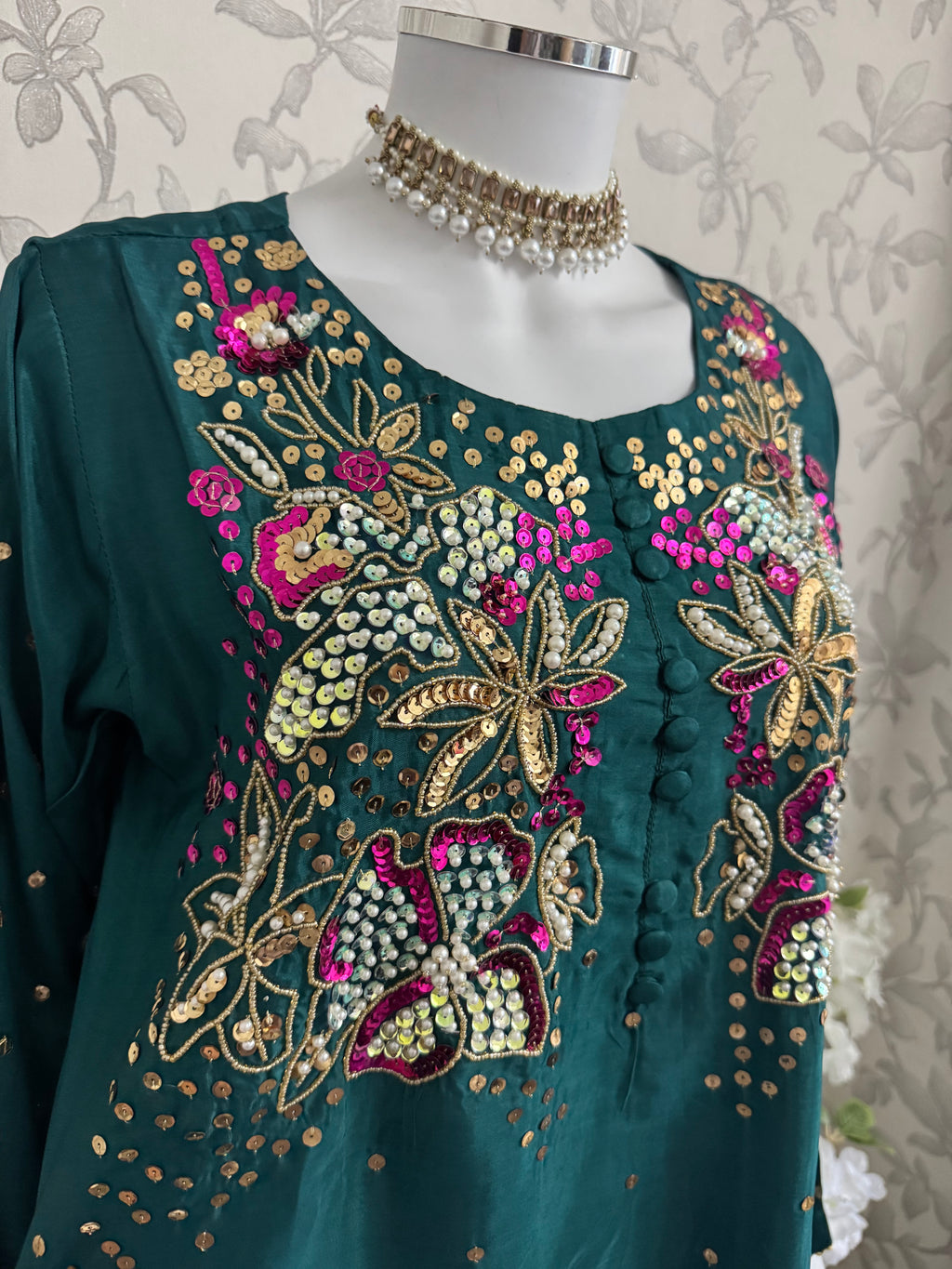 SILKY CHARM Luxury Embroidered Silk Suit with Pearl & Sequin Work